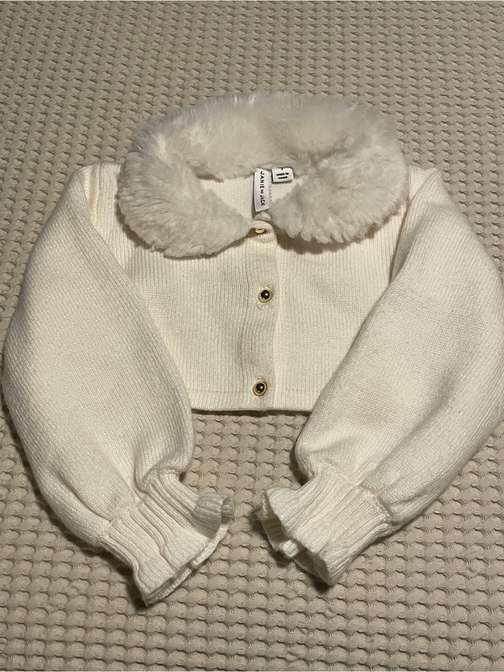 Janie and Jack Cream Faux-Fur Collar Cropped Cardigan